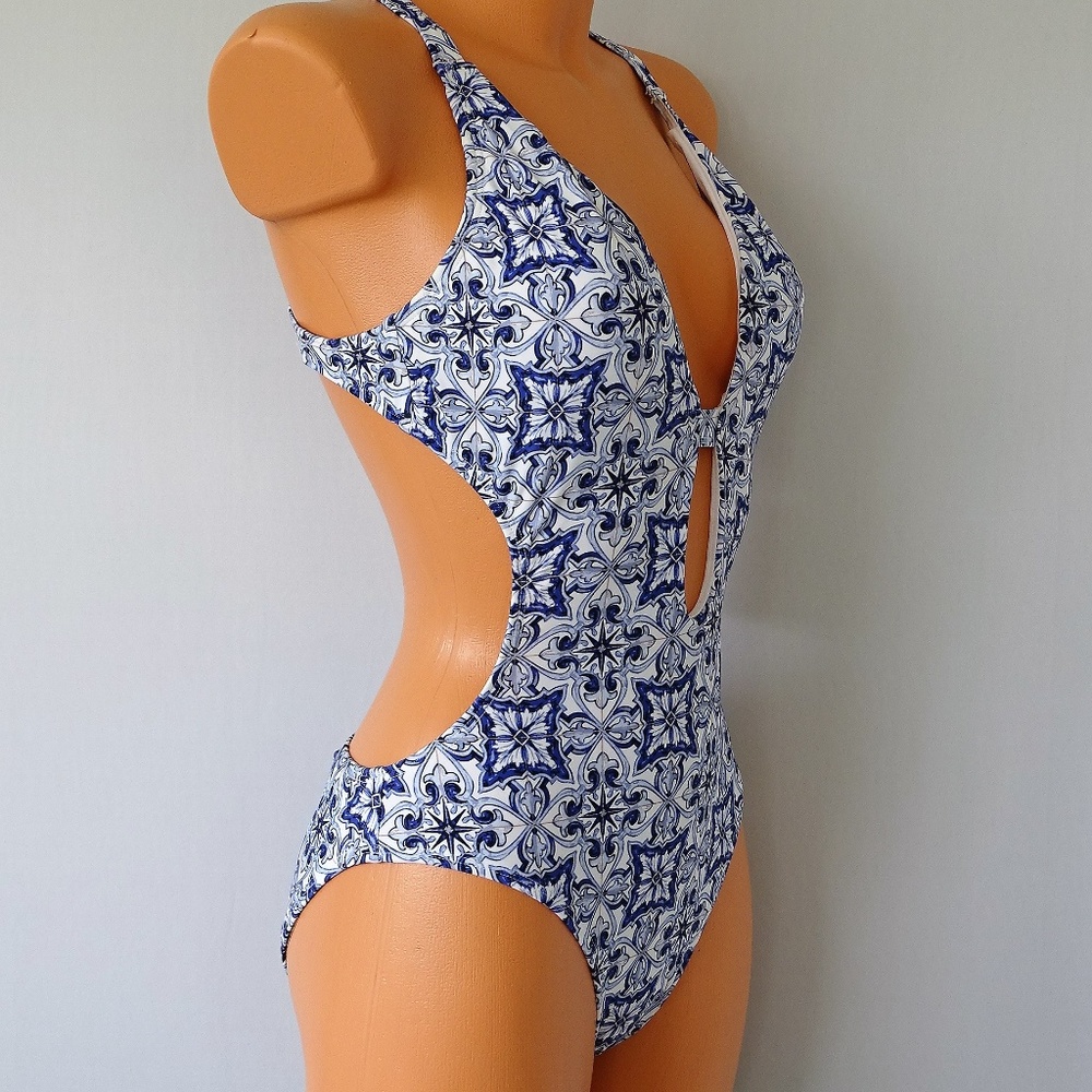 Rachel Roy One Piece Blue Tile Strappy Swimsuit - Picture 2 of 4